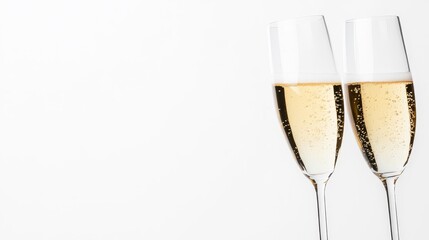Two Elegant Champagne Flutes with Bubbles Against White Background