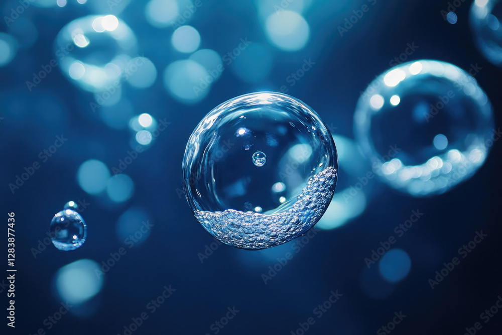 Poster Close-up of translucent bubbles underwater, showcasing their delicate structure and the interplay of light and water.