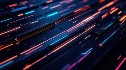 Futuristic Abstract Design Featuring Vibrant Neon Lines and Electric Colors on Dark Surface