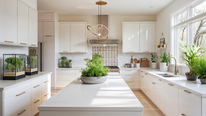 Bright and minimalistic kitchen with greenery and modern accessories, Domestic kitchen in modern home