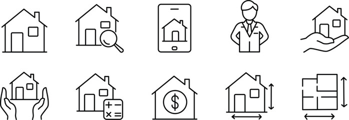 Essential Real Estate and Property Icons, Home Buying, Selling and Investment Symbols.