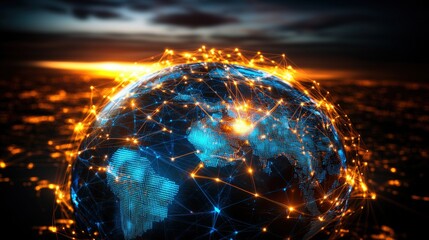 Globe illuminated with digital connections and a network of lights on a dark background