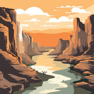 Big Bend National Park vector art. Canyon view with river at sunset. Vintage travel poster style illustration.