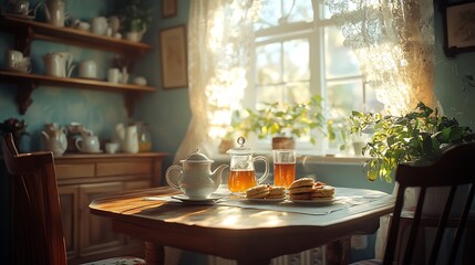 A fairytale-like tea room with soft pastel walls, shelves lined with antique teapots, sunlight filtering through lace curtains,