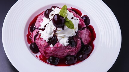 A Delectable Cherry Dessert with Whipped Cream and Mint