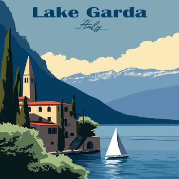 Lake Garda, Italy vector art. Sailboat on the lake with mountain backdrop. Vintage travel poster illustration.