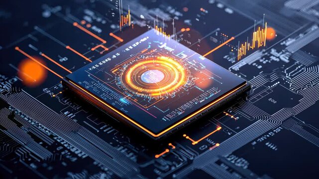 Futuristic Digital Circuit Board with Illuminated Microprocessor and Data Visualization Elements