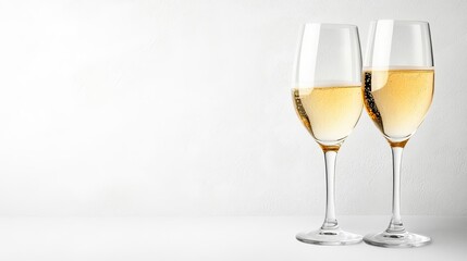 Two Elegant Champagne Glasses with Bubbly Beverage on White Background