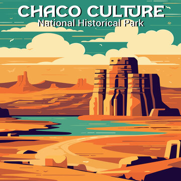 Chaco Culture ruins vector landscape. Flat design showing the iconic ancient structures. Ideal for travel and historical themes.