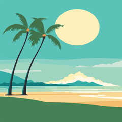 Honolulu Hawaii beach palms vector. Flat design showing a serene tropical beach scene. Ideal for travel and relaxation themes.