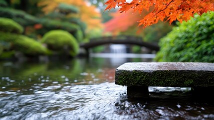 Fototapeta premium Serene Riverside Scene with Small Stone Bridge and Vibrant Foliage