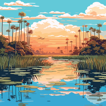 Everglades sunset wetland vector. Flat design showing the iconic swamp scenery and sunset. Ideal for travel and nature themes.