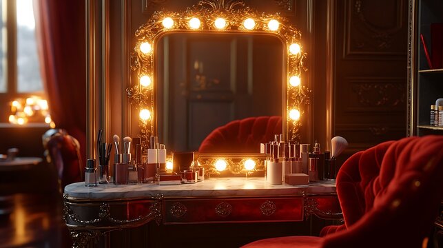 A glamorous 1950s Hollywood dressing room with an ornate vanity mirror framed by warm golden bulbs, vintage makeup essentials scattered on a marble tabletop, and a luxurious red velvet chair.
