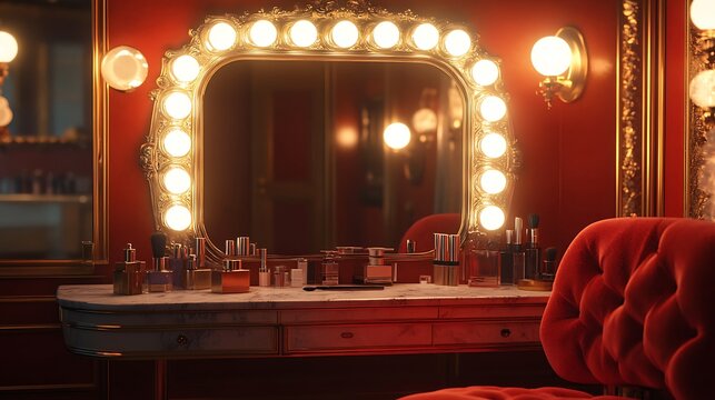A glamorous 1950s Hollywood dressing room with an ornate vanity mirror framed by warm golden bulbs, vintage makeup essentials scattered on a marble tabletop, and a luxurious red velvet chair.
