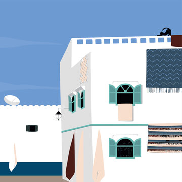 Asilah white rooftop vector. Flat design showing a charming terrace with decor. Ideal for travel and minimalist themes.