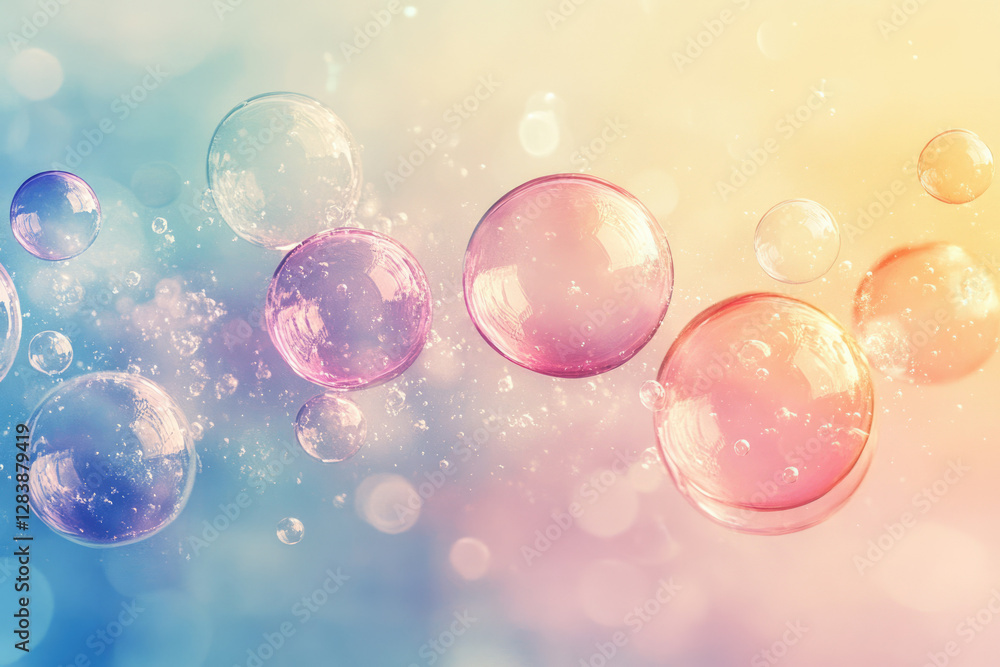 Poster pastel-colored bubbles float on a soft, dreamy background, creating a whimsical, ethereal scene.