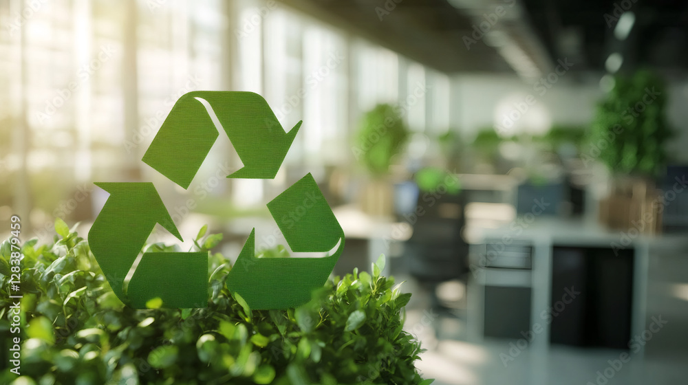 Poster promoting environmental awareness and sustainable practices in the workplace with a recycle symbol