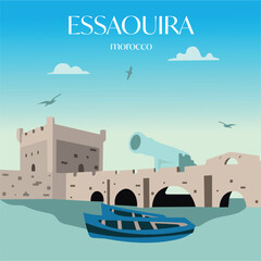 Essaouira, Morocco coastal fort vector. Flat design illustration of the iconic harbor and ramparts. Perfect for travel and cultural themes. © EFORIA