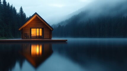 Fototapeta premium Tranquil Lakeside Cabin in Foggy Morning with Soft Reflections