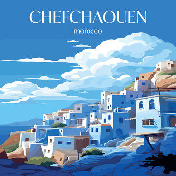 Chefchaouen, Morocco blue city vector illustration. Flat design captures the iconic blue and white architecture. Ideal for travel and cultural themes.