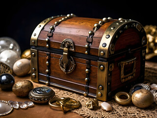 Hidden Riches: A meticulously crafted wooden chest, adorned with antique metal accents, overflows with an array of treasures and jewels, evoking a sense of mystery and untold wealth.