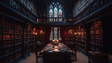 A gothic-style library, towering bookshelves disappearing into the shadows, heavy red velvet drapes partially covering stained-glass windows,