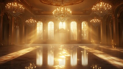 A grand, abandoned ballroom with towering crystal chandeliers, intricate gilded moldings, and a polished marble floor reflecting soft golden light from arched windows.