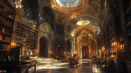 Obraz premium A grand baroque-style library, golden-trimmed bookshelves stretching toward a domed ceiling adorned with frescoes, marble floors reflecting the glow of an elaborate chandelier,