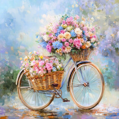 A bicycle with a basket full of flowers