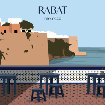 Vintage travel poster style, Rabat, Morocco. Cafe Oudayas, coastal view. Retro, graphic, travel art.