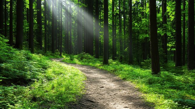 Winding Dirt Trail Through Dense Pine Forest with Sunlight Rays