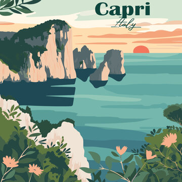Capri Italy Faraglioni sunset vector. Flat design showing the iconic rock formations. Ideal for travel and scenic themes.