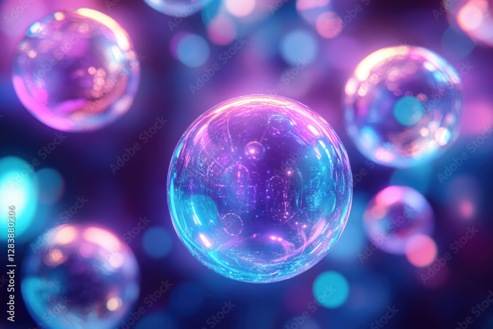 Poster glowing orbs of vibrant pink and blue float in a dark, bokeh-filled space.
