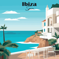 Obraz premium Ibiza Spain coastal villa vector. Flat design showing a luxurious villa overlooking the sea. Ideal for travel and lifestyle themes.