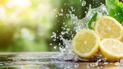 Fresh Lemon Splash with Sparkling Water Droplets and Green Background