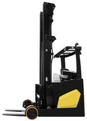 Side view yellow reach electric forklift
