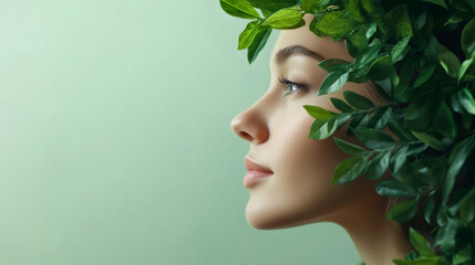 Woman wearing leafy green crown, showcasing flawless complexion against verdant backdrop, highlighting natural beauty and organic skincare aesthetic