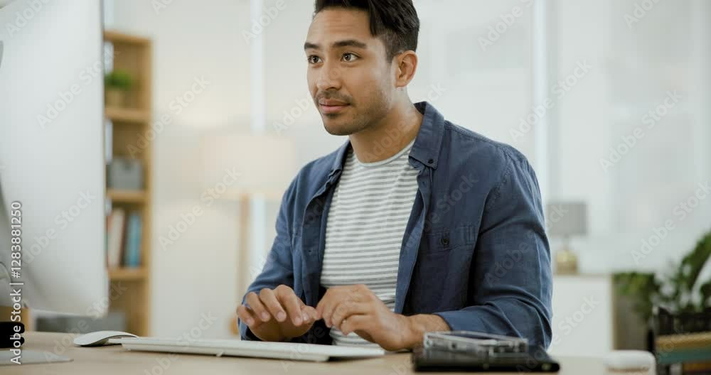 Poster computer, typing and business man in office for planning, online project and website at desk. creati