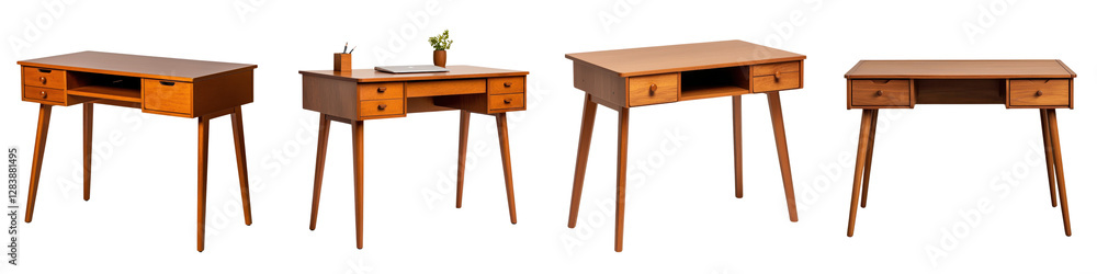 Poster assortment of stylish and functional wooden desks tables and storage solutions for elegant and minim