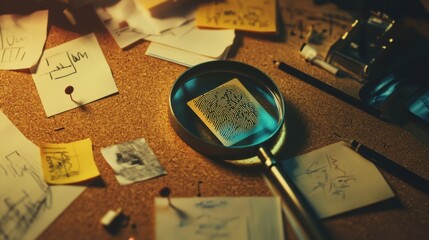 detective board with magnifying glass and fingerprint
