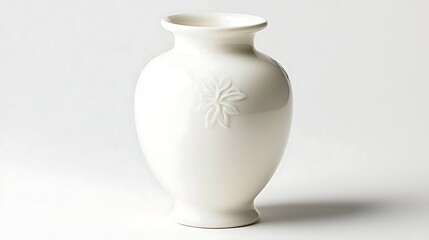Elegant white ceramic vase with floral design against a soft gray background for home decor and styling