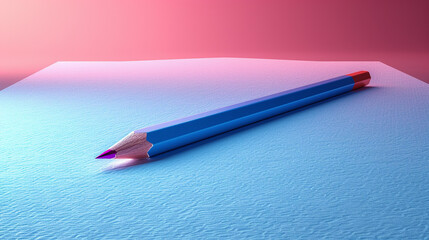 Close-up of a single blue pencil on a textured light blue paper surface, with a gradient pink-purple background.