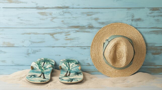 summer vacation essentials flip-flops and straw hat on sandy bea