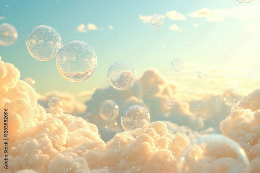 Poster transparent bubbles float serenely amidst fluffy, sunlit clouds, creating a dreamy, ethereal scene.