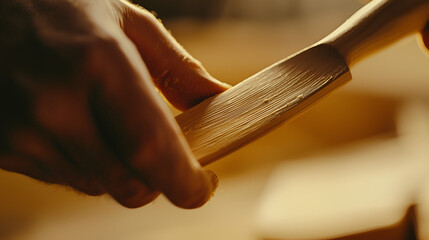 Craftsman shaping wood with detail, displaying artistry and focus on the natural material's texture.
