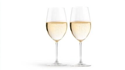 Elegant White Wine Glasses with Bubbles on White Background
