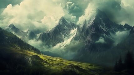 Snowy mountains and clouds over beautiful green grassy landscape