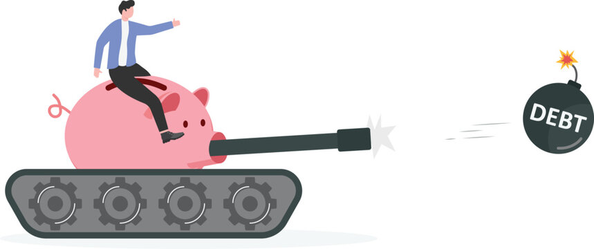 A businessman riding a tank fires a debt bumb at the target,

