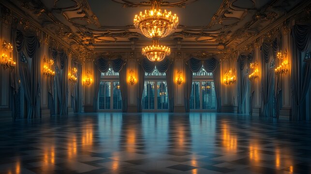 A moonlit ballroom in an old European castle, the glow of chandeliers reflecting on polished marble, intricate wall carvings telling forgotten stories,