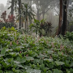 The morning was adorned with bountiful dewdrops, creating a glistening display of abundant vegetation and nature's morning adornment.